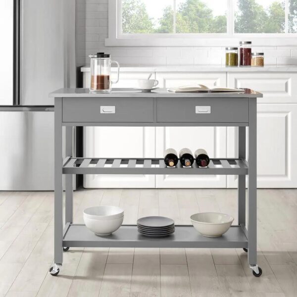 , Chloe Stainless Steel Top Kitchen Island/Cart – Gray | Sleek Design with Ample Storage