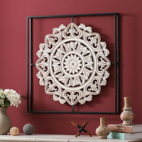 , Distressed White Wood Flower Iron Square Wall Decor – Vintage Elegance for Your Home