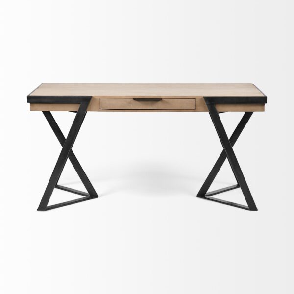 , Stylish Solid Mango Wood Finish Writing Desk with Single Storage and Black Triangular Iron Legs
