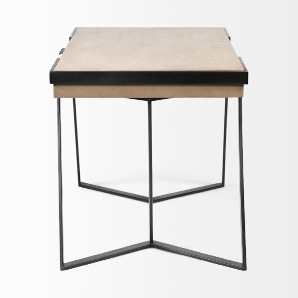 , Stylish Solid Mango Wood Finish Writing Desk with Single Storage and Black Triangular Iron Legs