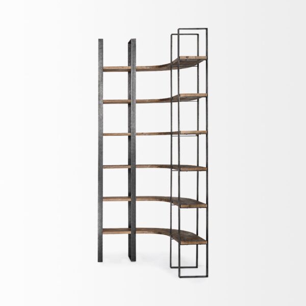 , Curved Dark Brown Wood and Black Iron 6 Shelving Unit – Stylish and Functional Storage Solution