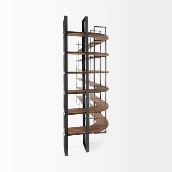 , Curved Dark Brown Wood and Black Iron 6 Shelving Unit – Stylish and Functional Storage Solution