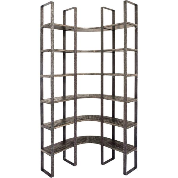 , Contemporary Black Iron Framed Curved Wooden Shelving Unit – Practical Utility for Your Home