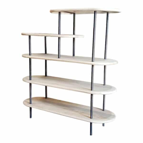 , 58″ Whitewash Solid Wood and Gray Iron Five Tier Oval Bookcase | Durable and Stylish Storage Solution