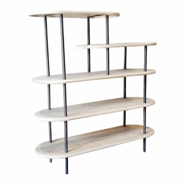 , 58″ Whitewash Solid Wood and Gray Iron Five Tier Oval Bookcase | Durable and Stylish Storage Solution
