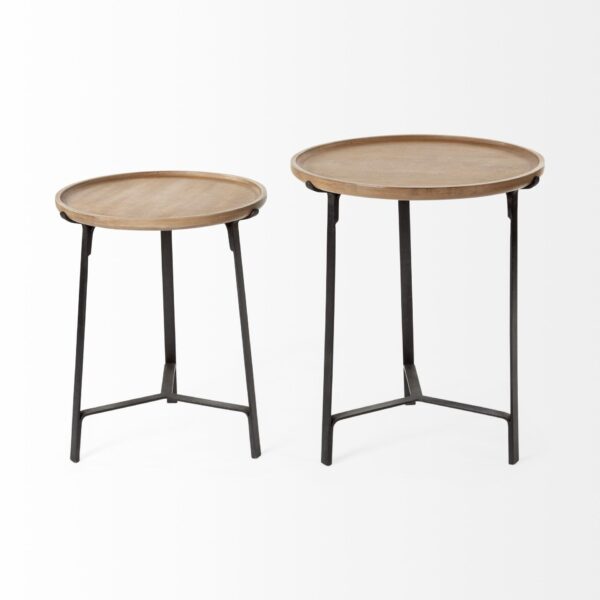 , Set Of 2 Round Brown Solid Wood Iron Base Nesting Side Tables – Stylish and Functional Accent Tables for Modern Living Rooms