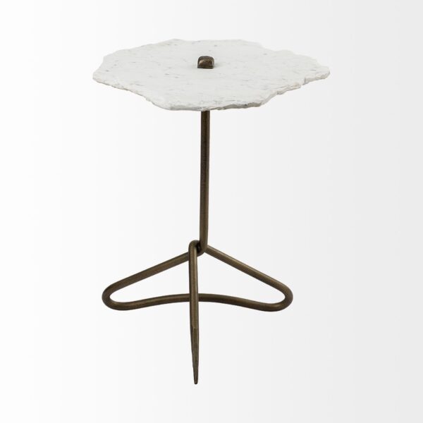 , White Marble Top Accent Table with Triangular Gold Iron Base – Elegant and Sturdy