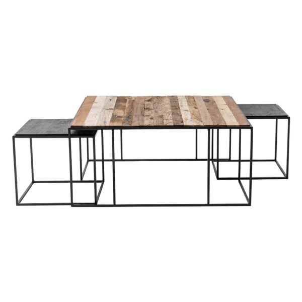 , Set of Three Black and Brown Reclaimed Wood and Iron Nested Coffee Tables