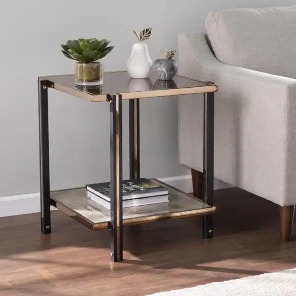 , 24″ Champagne Glass and Iron Square Mirrored End Table with Shelf – Elegant and Functional Furniture for Any Space
