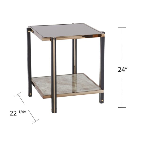 24" Champagne Glass & Iron Square Mirrored End Table with Shelf, 24″ Champagne Glass & Iron Square Mirrored End Table with Shelf