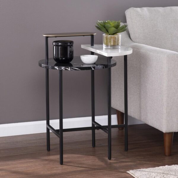 , 28″ Black Manufactured Wood and Iron Free Form End Table with Shelf – Versatile Charm and Organizational Functionality