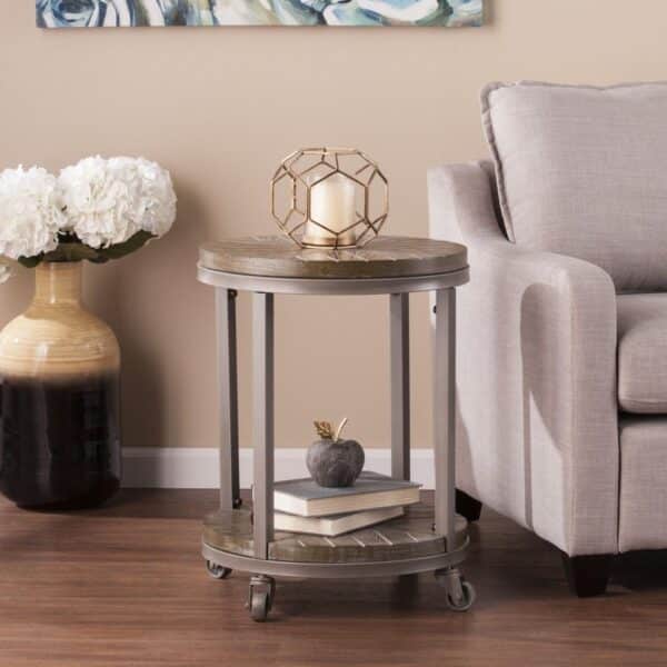 , 24″ Brown Manufactured Wood and Iron Round End Table with Shelf – Sturdy and Versatile