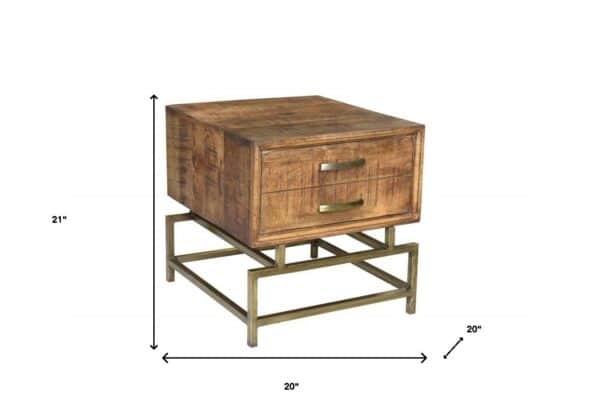 , 21″ Brass And Brown Solid Wood And Iron Square End Table With Drawer – Rustic Charm and Functional Storage