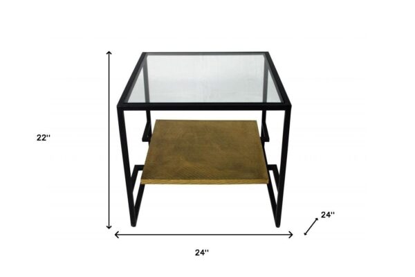 , 22″ Bronze, Glass & Iron Square End Table with Shelf