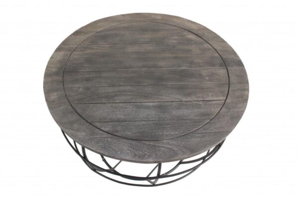 , 32″ Gray Wash Solid Wood and Cast Iron Round Distressed Coffee Table