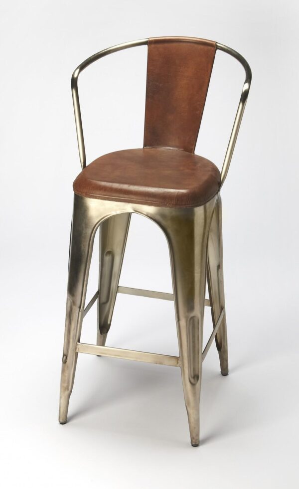 , Brown Leather and Iron Bar Stool – Modern Design, Comfortable Seating