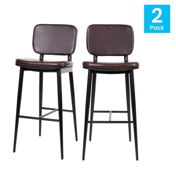 , Kenzie Commercial Grade Mid-Back Barstools – Brown LeatherSoft Upholstery – Set of 2