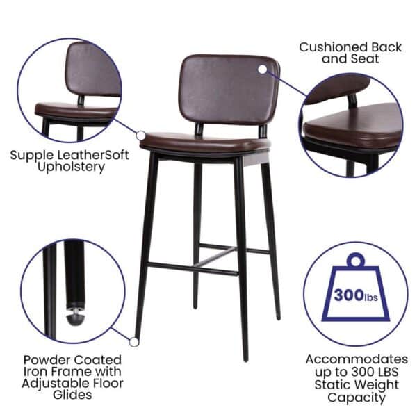 , Kenzie Commercial Grade Mid-Back Barstools – Brown LeatherSoft Upholstery – Set of 2