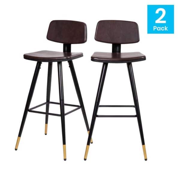 , Kora Commercial Grade Low Back Barstools – Brown LeatherSoft Upholstery – Set of 2