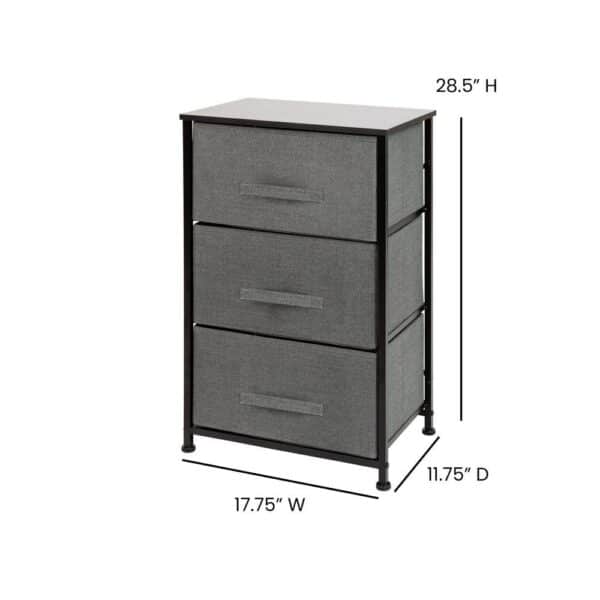 , 3 Drawer Wood Top Black Cast Iron Frame Vertical Storage Dresser with Dark Gray Easy Pull Fabric Drawers
