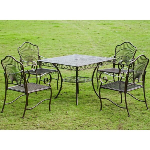 , 5-Piece Sun Ray Iron Square Dining Group – Elegant Outdoor Furniture Set