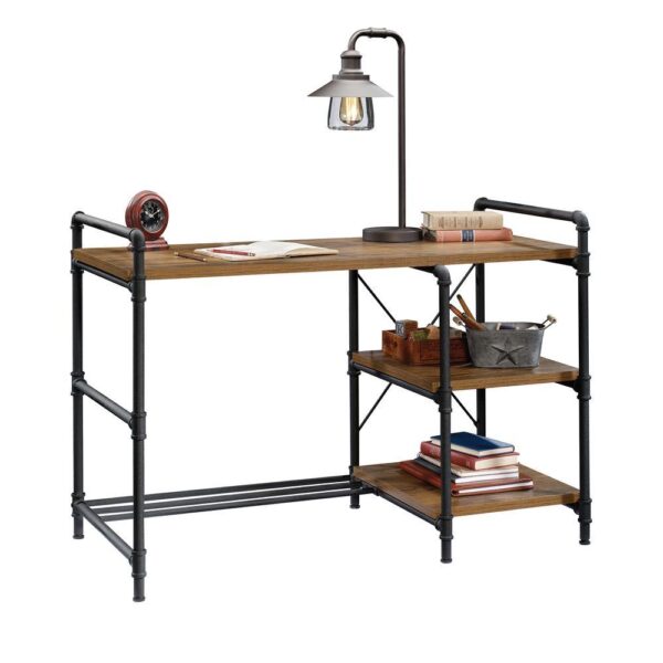 , Iron City Desk, Checked Oak – Industrial Design, Sturdy Shelves, Versatile Placement