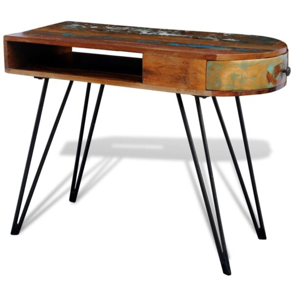 , Desk Reclaimed Solid Wood with Iron Legs – Antique-Style, Multi-Color Tabletop, Extra Storage Space