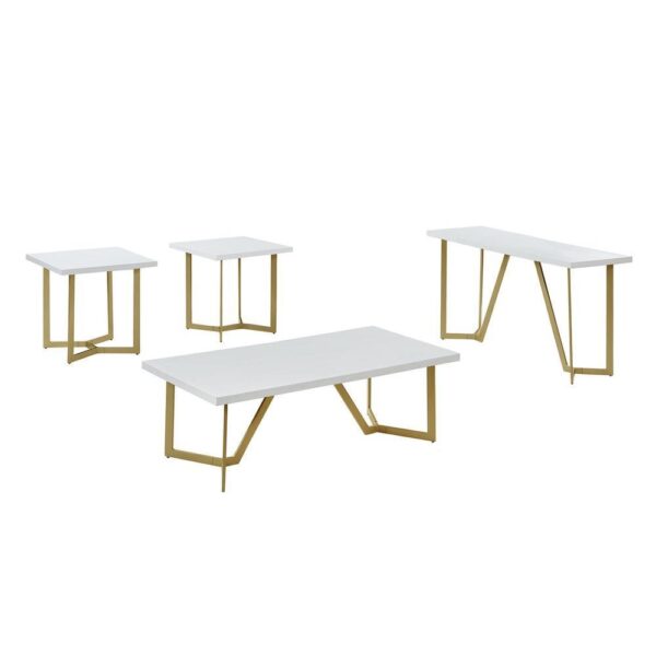 , Modern 4-Piece White Wood Top Coffee Table Set with Gold Color Iron Base