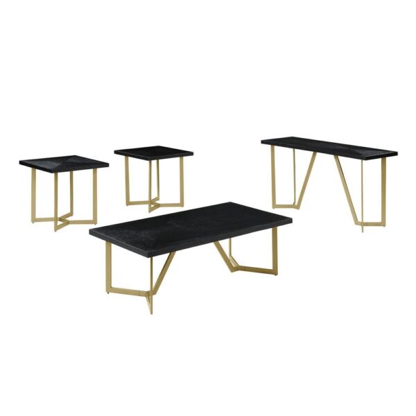 , 4pc Black Wood Top Coffee Table Set with Gold Color Iron Base