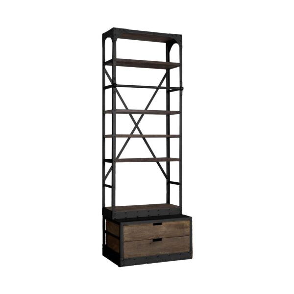 , 94″ Black Iron Five Tier Standard Bookcase With Two Drawers – Sleek Design and Functional Storage
