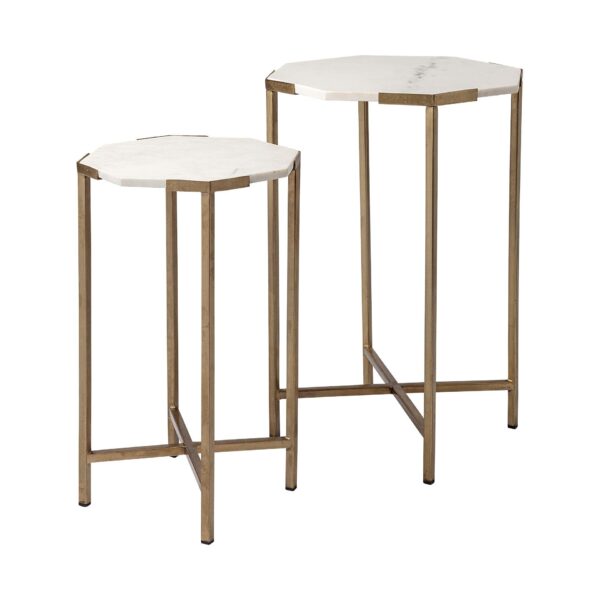 , Set of 2 White Marble and Iron Hexagonal Top Side Tables
