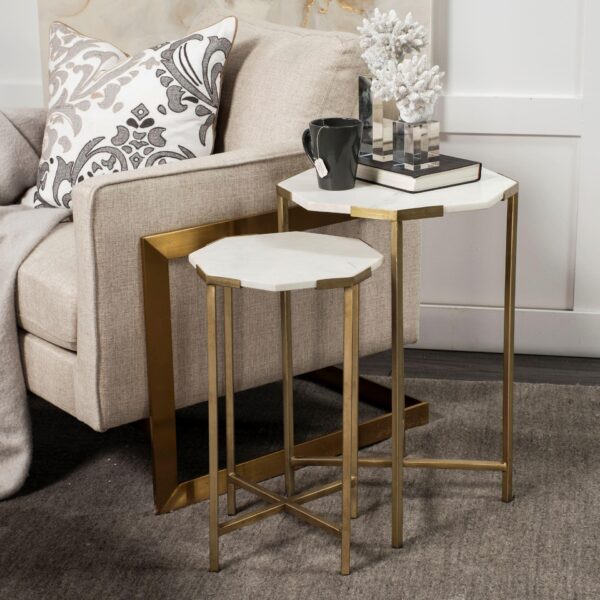 , Set of 2 White Marble and Iron Hexagonal Top Side Tables