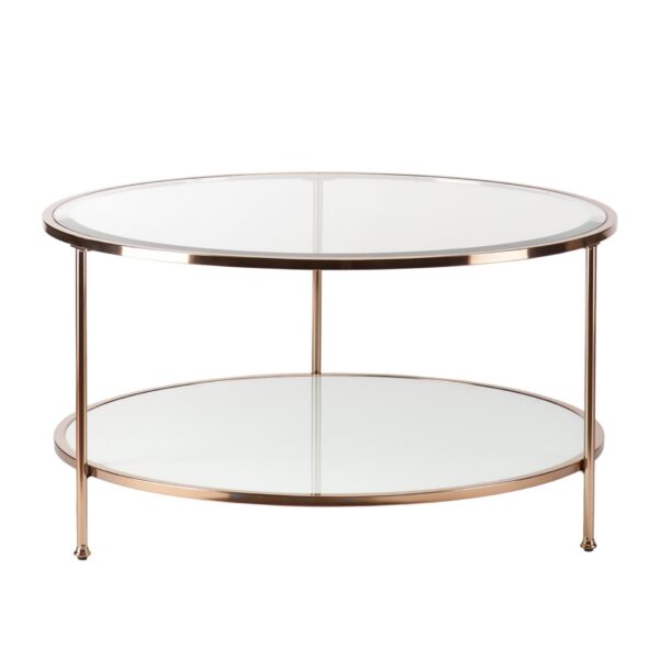 , 34″ Clear and Gold Glass with Iron Round Coffee Table – Stylish, Sturdy, and Chic