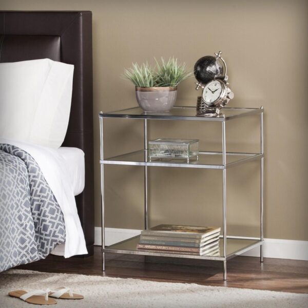 , 27″ Chrome Glass And Iron Rectangular Mirrored End Table With Shelf – Sleek and Glamorous