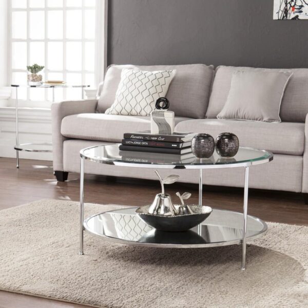 , 26″ Chrome Glass and Iron Round Mirrored End Table with Shelf – High Quality Metal Construction