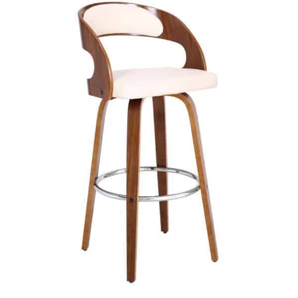 , 41″ Cream and Brown Iron Swivel Low Back Bar Height Chair with Footrest