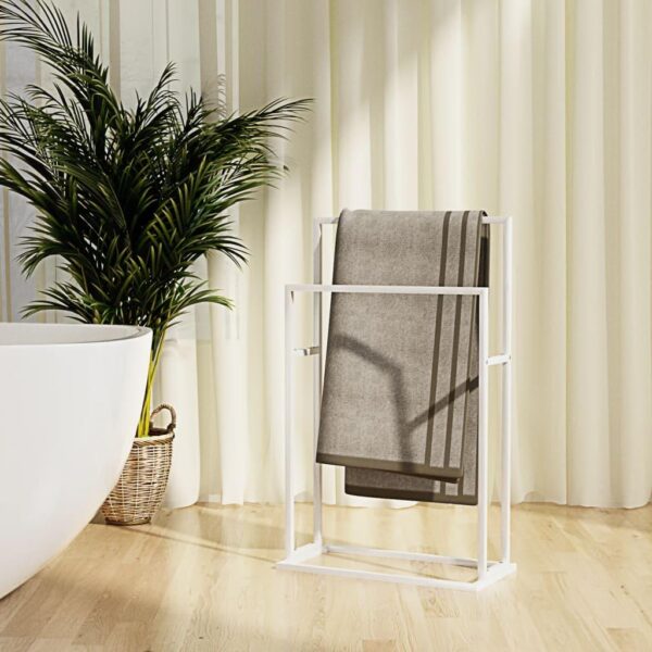 , Freestanding Towel Rack White – Premium Iron Frame, 2 Tiers, Multifunctional Bathroom Storage Rack – 18.9″x9.4″x30.9″