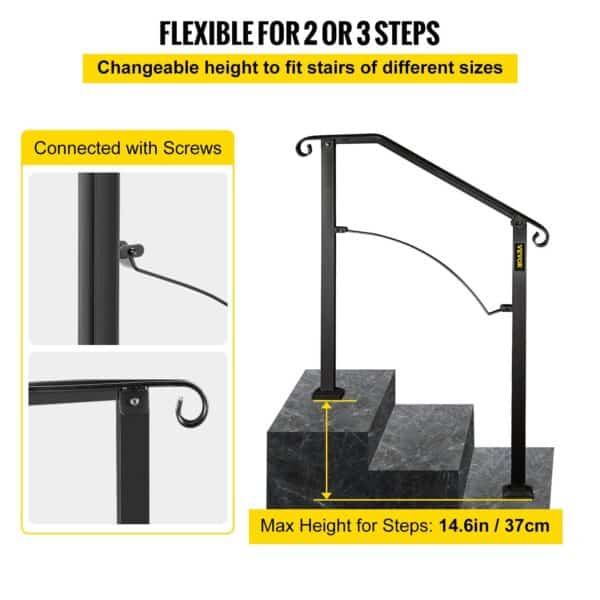 , Handrails for Outdoor Steps – Fit 2 or 3 Steps | Wrought Iron Handrail, Flexible Porch Railing