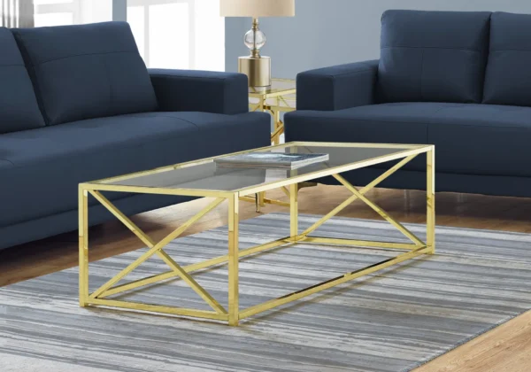 coffee table, 44&#8243; Clear and Gold Glass and Iron Coffee Table