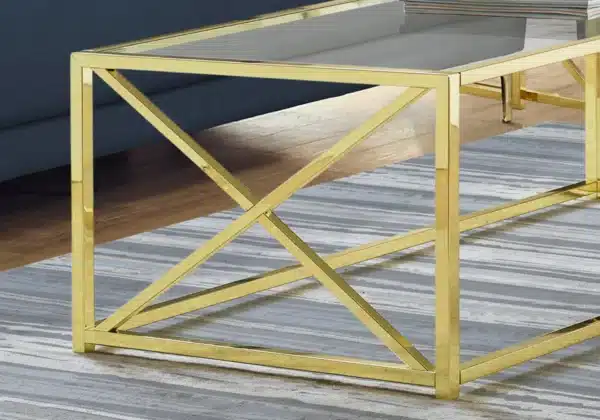 coffee table, 44&#8243; Clear and Gold Glass and Iron Coffee Table