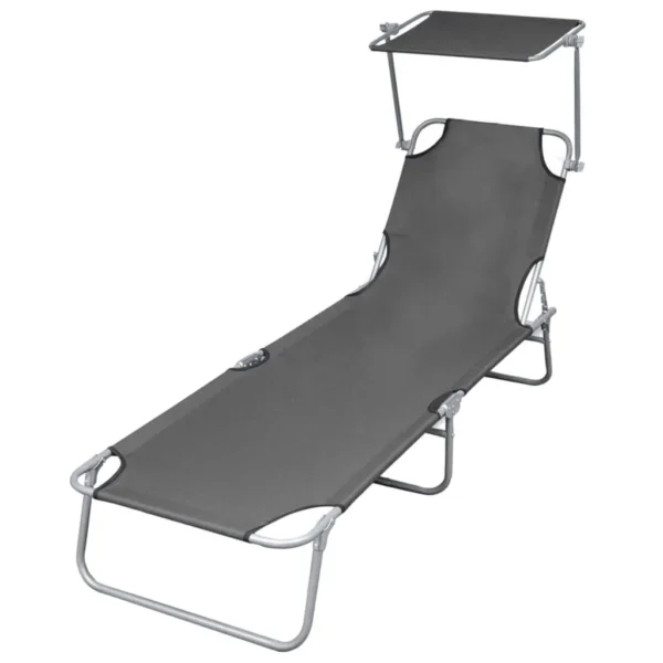 , Folding Sun Lounger with Canopy Steel Gray