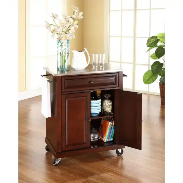 , Compact Stainless Steel Top Kitchen Cart Mahogany/Stainless Steel
