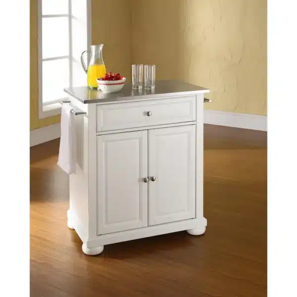 , Alexandria Stainless Steel Top Portable Kitchen Island/Cart White/Stainless Steel
