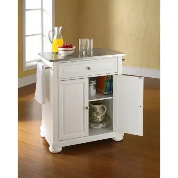 , Alexandria Stainless Steel Top Portable Kitchen Island/Cart White/Stainless Steel