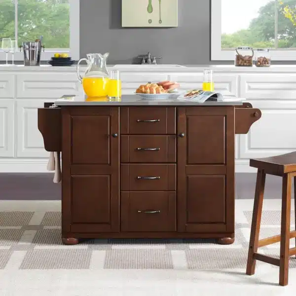 , Eleanor Stainless Steel Top Kitchen Island Mahogany/Stainless Steel