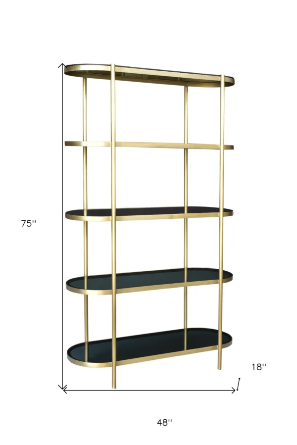 , 75&#8243; Black and Gold Glass and Iron Four Tier Etagere Bookcase &#8211; Versatile Storage and Display Space