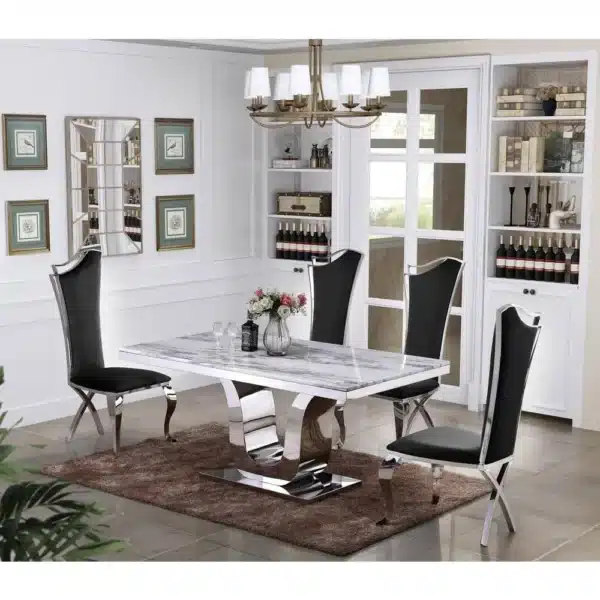 , Classic 5pc Dining Set with Marble Top and Stainless Steel Base with Velvet Side Chairs