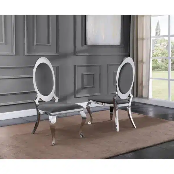 , White Marble 7pc Set Stainless Steel Chairs in Dark Grey Velvet