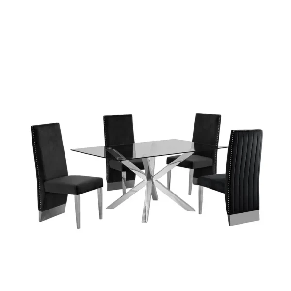 , Contemporary Glass 5pc Dining Set, Glass Top Dining Table w/Stainless Steel Steel, and Pleated Velvet Uph Dining Chairs, Black