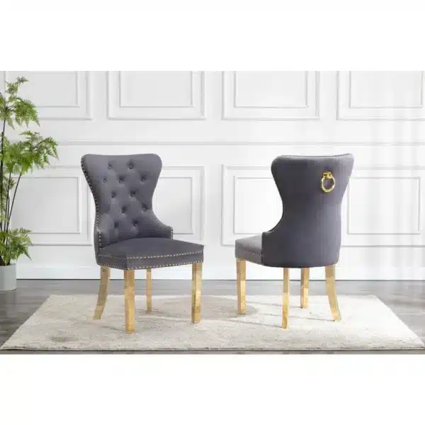 , Velvet Tufted Side Chair Set of 2, Stainless Steel Gold Legs, Dark grey